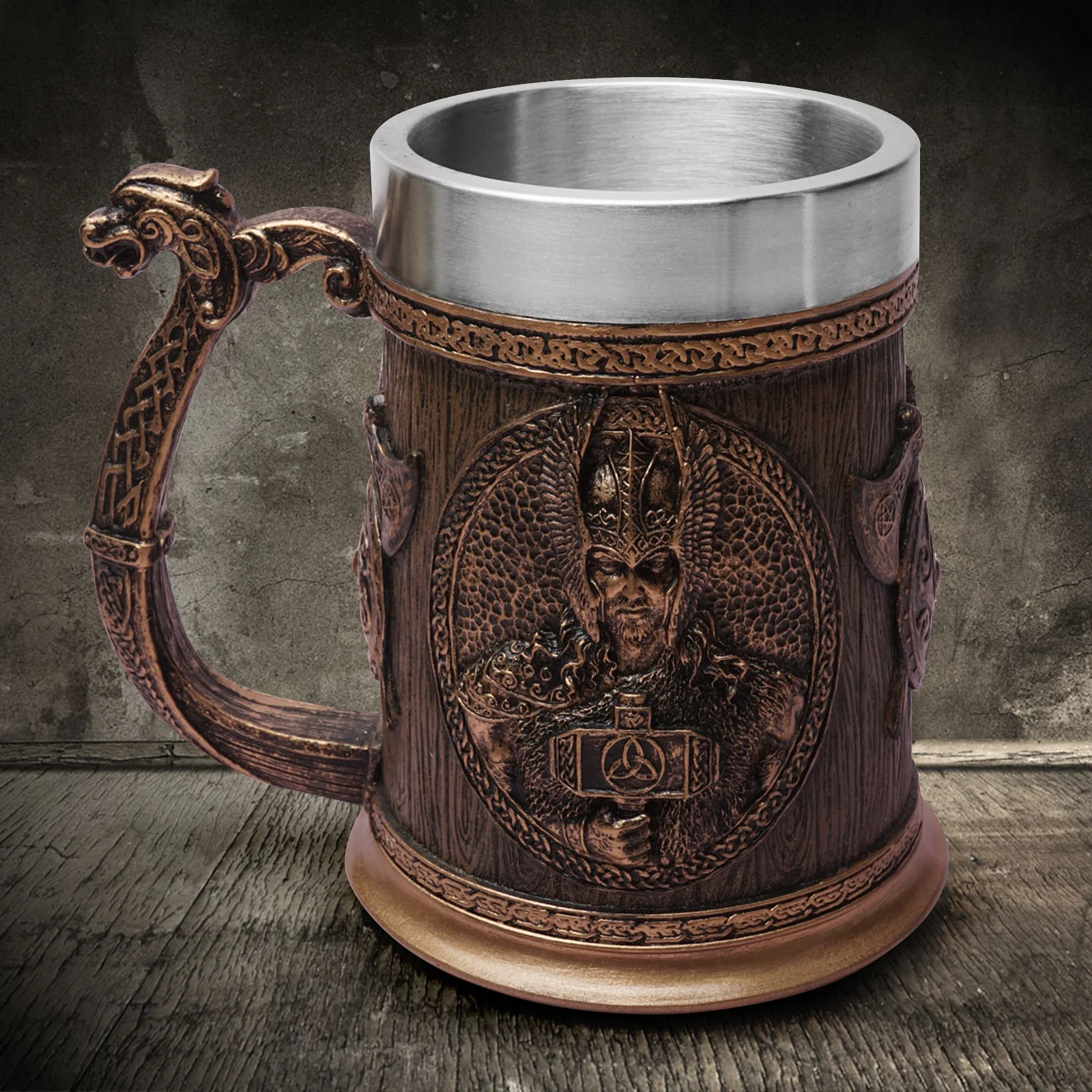 

Norse Mythology Odin and Thor Nordic Viking Beer Mug Stainless Steel & Resin Stein 3D Tankard Coffee Cup Mug Drinkware 600ml