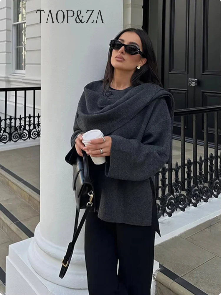 Fashion Scarf Collar Woolen Blends Jackets Women Elegant Long Sleeve Split Hem Loose Short Coats Fashion Autumn Lady Outerwear 4
