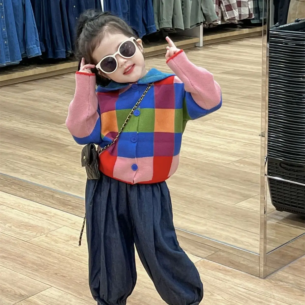 

Plaid Sweater with Hood for Children Fashion Knitted Cardigan Denim Pants Two Piece Outfits Girls Boys Kids Knit Coat Jeans Sets