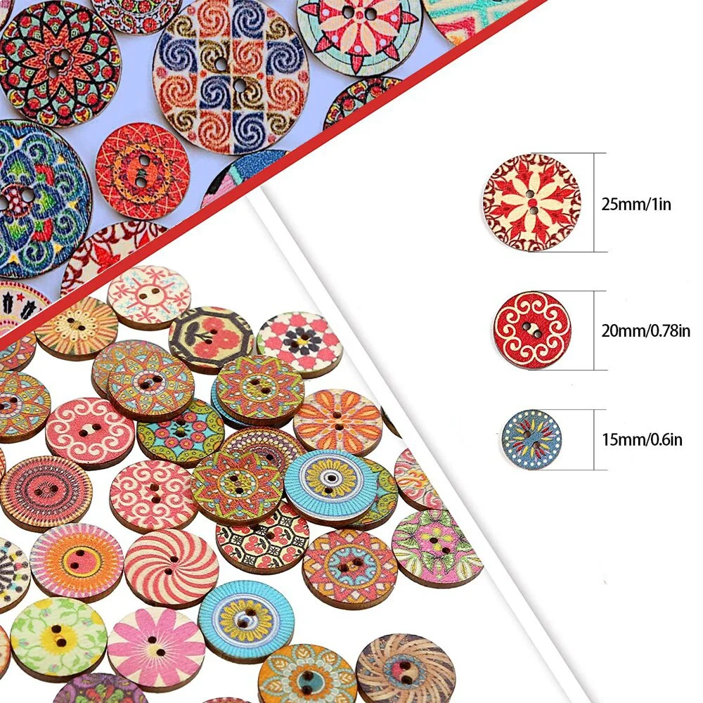 50/100 Round Assorted Floral Printed Wooden Decorative Buttons 2-Hole Floral Process Painted Wooden Cufflinks DIY Sewing Process 3