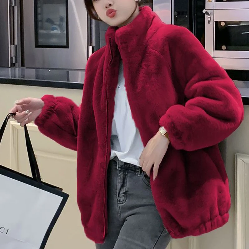 Casual Stand Collar Winter Jacket Women Solid Faux Fur Coat Oversized Vintage Zipper Plush Thick Cardigans Outwear Plus Size