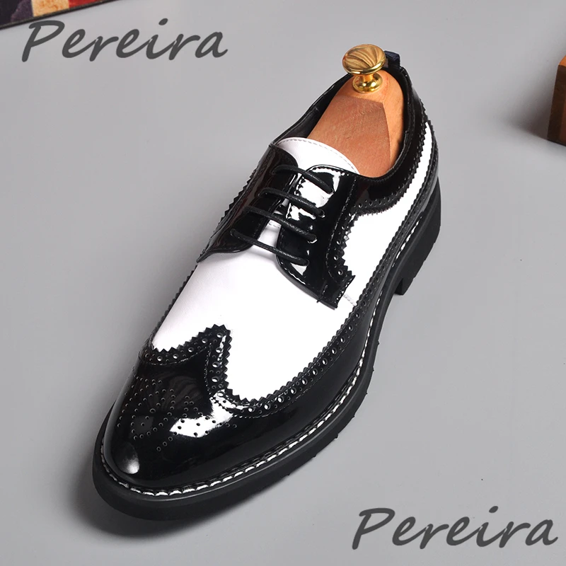 

British Style Formal Men's Shoes Black White Mixed Colors Patent Leather Derbies Pointed Toe Wedding Party Business Casual Shoes