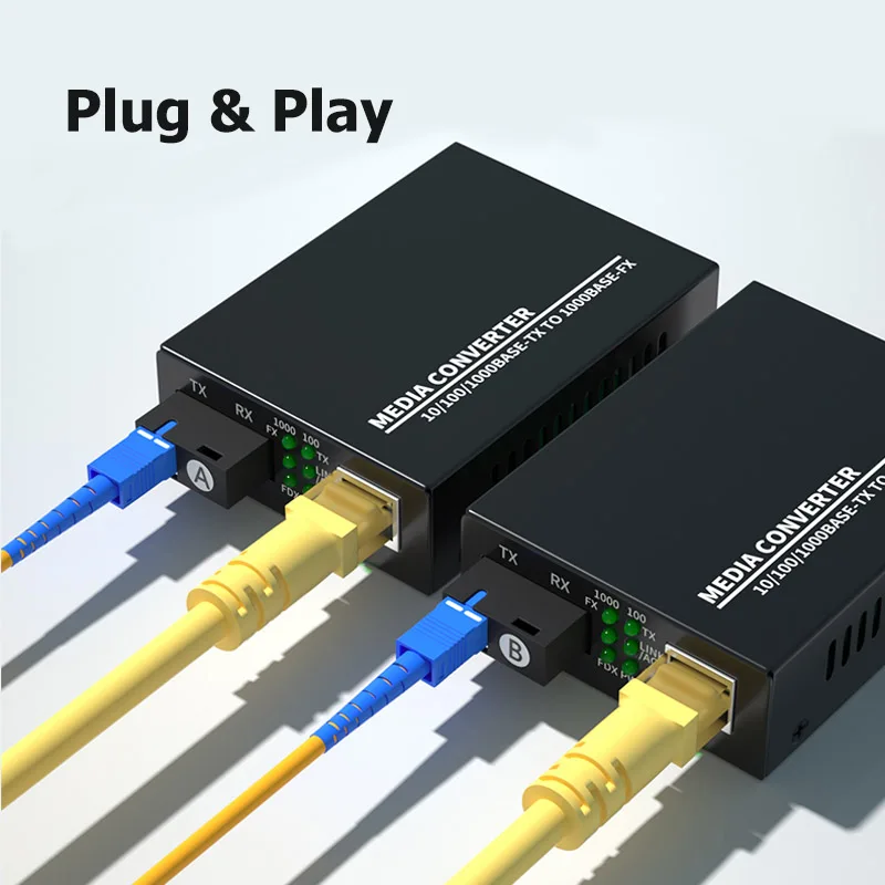 Gigabit RJ45 to SC Fiber Optical Media Converter 10/100/1000Mbps Single Mode Single Fiber External Power Supply