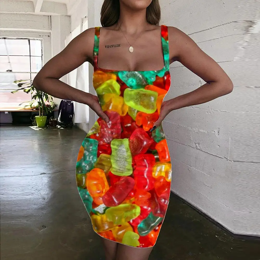 

SOMEPET Candy Dresses Women Food Sundress Colorful Halter Sleeveless Fondant 3d Print Bear Ladies Dresses Womens Clothing