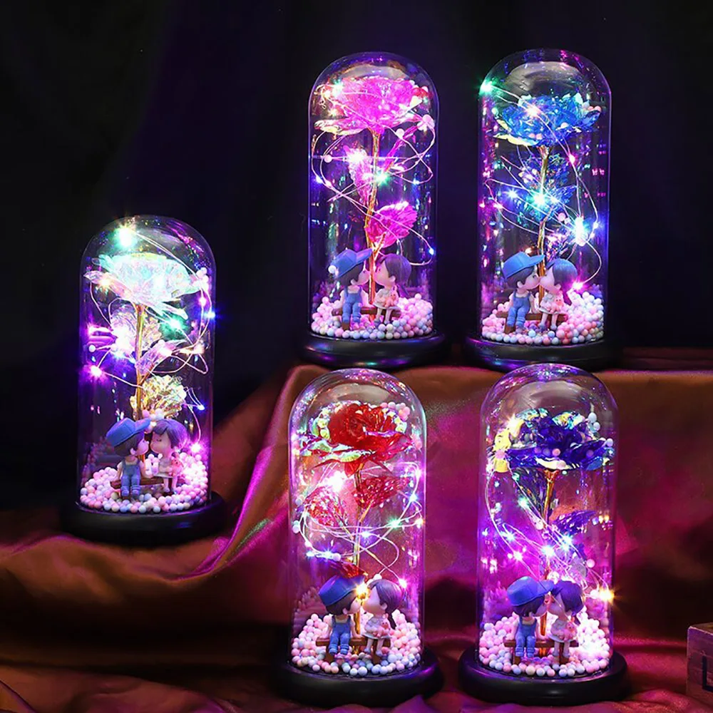 

LED Eternal Rose Flower In Glass Foil Roses With Dome String Lights Home Christmas Valentine'S Day Gift Wedding Decoration