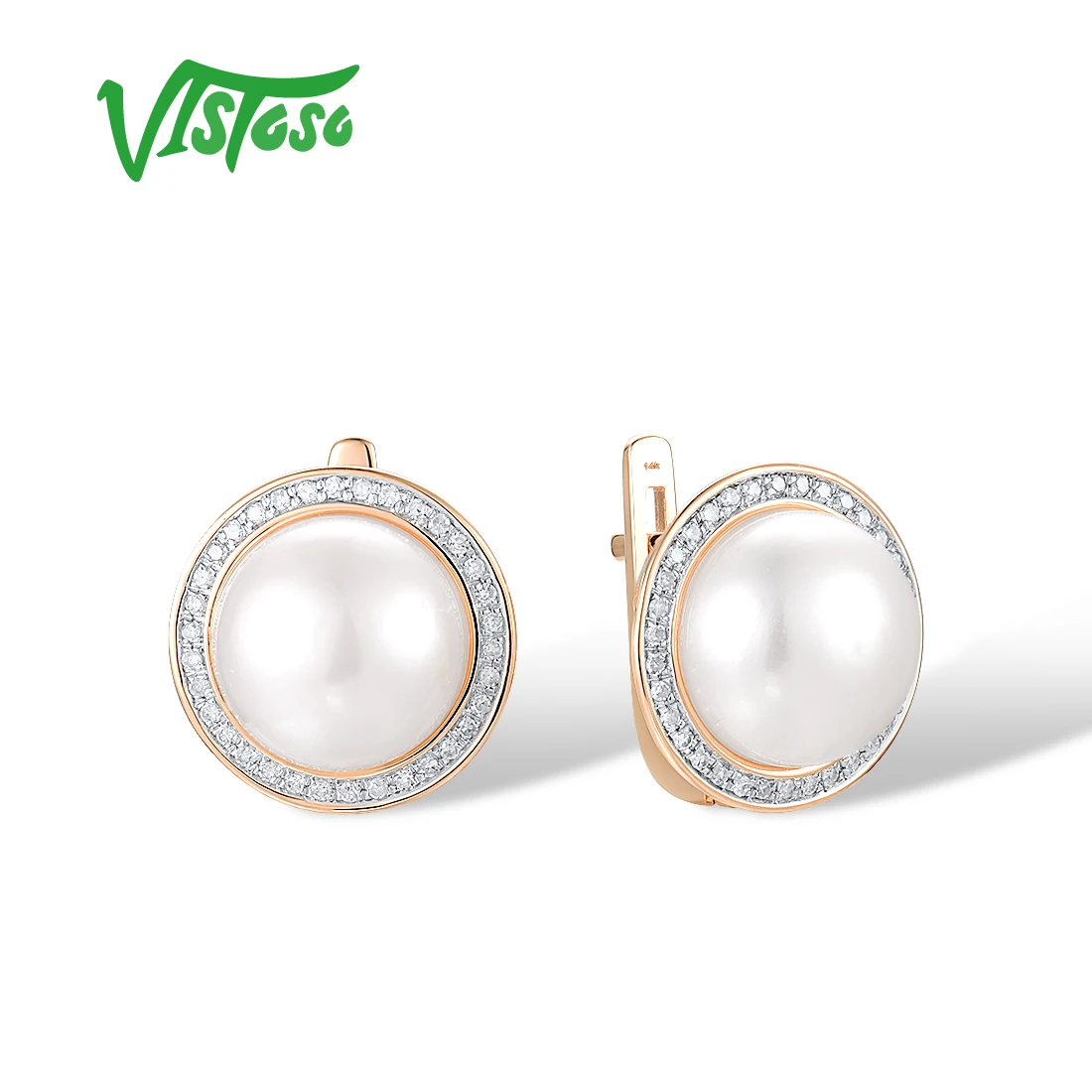 VISTOSO Genuine 14K 585 Rose Gold Earrings For Women Real Diamond With Fresh Water White Pearl Daily Ware Fine Fashion Jewelry