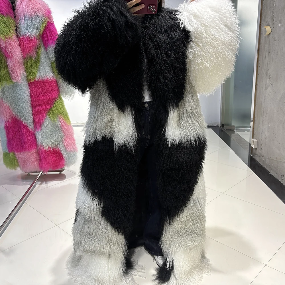 YOLOAgain 135-140cm Floor Length Mongolia Sheep Fur Coat Women Winter Warm Party Long Fur Coat Ladies Overcoat