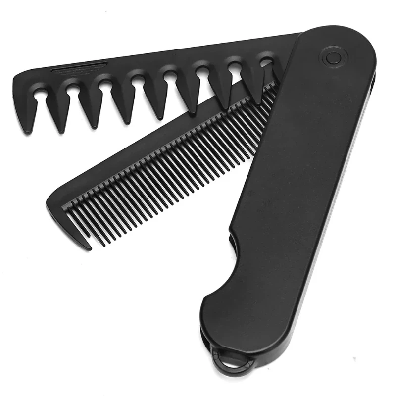 Multifunctional Folding Plastic Comb Traveling Beard Comb Black 2 in 1 Double Tooth Beard Comb for Women Hair and Men Beard Care