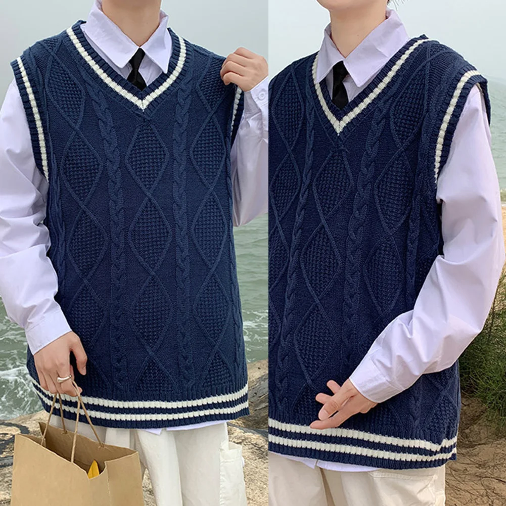 Mens Classic Contrast Color Thermal V-Neck Comfortable Cardigan Sleeveless Slight Strech Solid Vest Simple Loose Waistcoat Tops