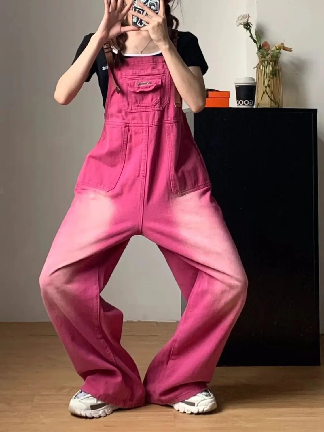 Y2k Pink Baggy Jeans Overalls For Women Wide Leg Pants Rompers