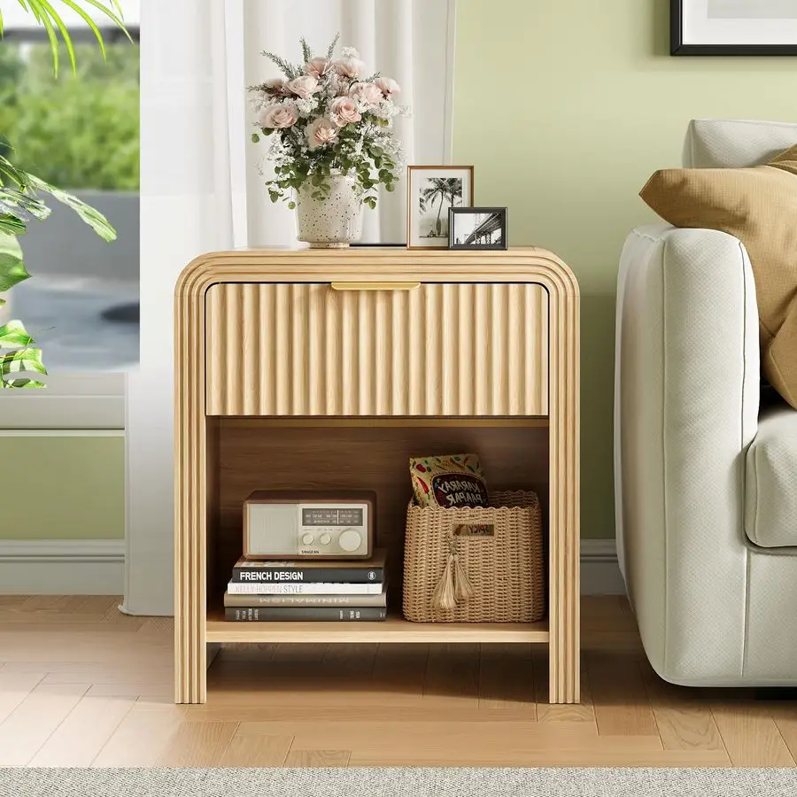 Fluted Nightstand with Charging Station – Gold Handles & Open Shelf 6