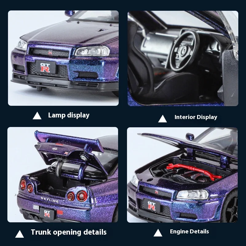 1:32 GTR R34 스카이라인 합금 다이캐스트 모델 장난감 자동차, 도어 개폐 가능, 사운드 라이트, 후진 기능, 미니어처 스포츠카, 패션 장식품