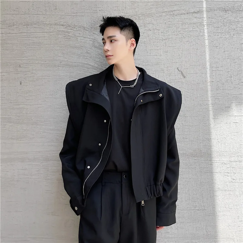 Senior Stand Neck Padded Shoulder Men Jacket Coat Ins Trend Autumn Coat Korea Fashion Kpop Vibe Male Dinner Party Banquet Jacket