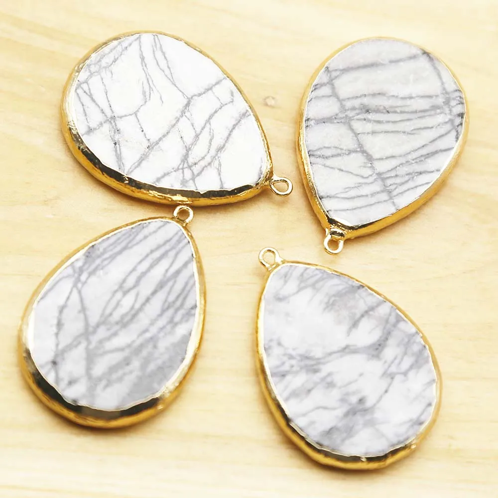 Exquisite Natural Semiprecious Stone Water Drop Black Mesh Gold Edge Pendant DIY Jewelry Accessories Wholesale 6PcsFree Shipping