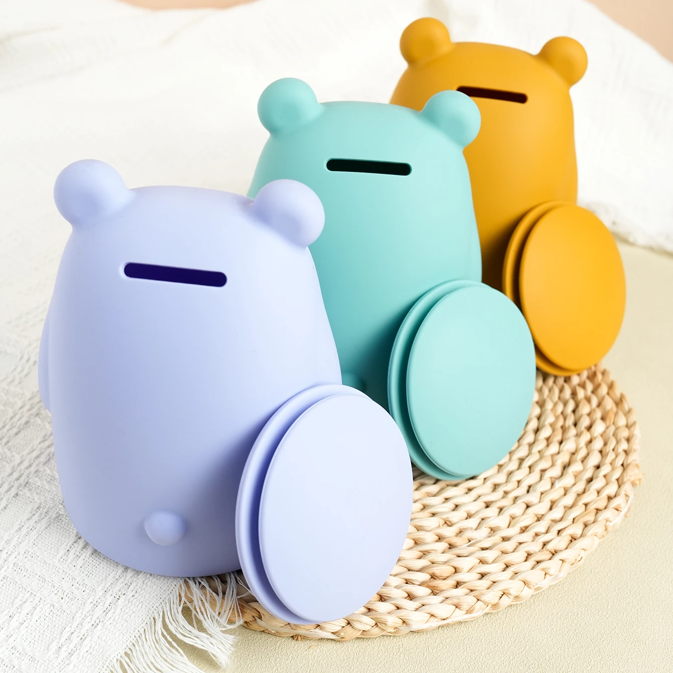 1PCS Baby Silicone Piggy Bank Cute Bear Shape Baby Toys Soft Money Bank Pure Color Items Kids Coin