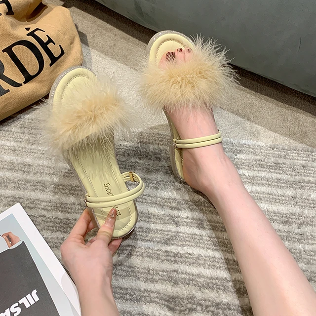 Skygge Manhattan Siden 2023 New Women Fluffy Faux Fur Slippers Flat Casual Beach Sandals Peep Toe  Summer Shoes Designer