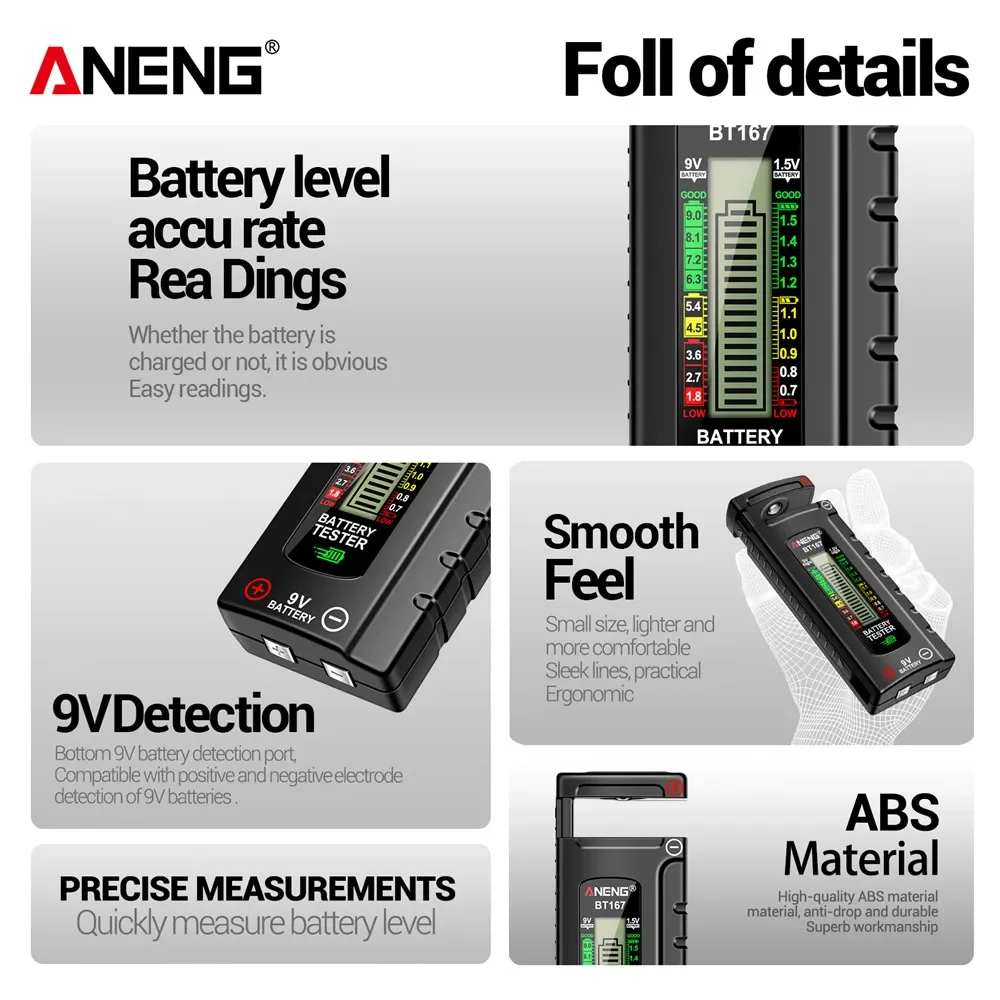 ANENG BT167 Battery Level Detector Multifunctional Quickly Measure Battery Level ABS Plastic Precise Measurements Tester Tools battery tester