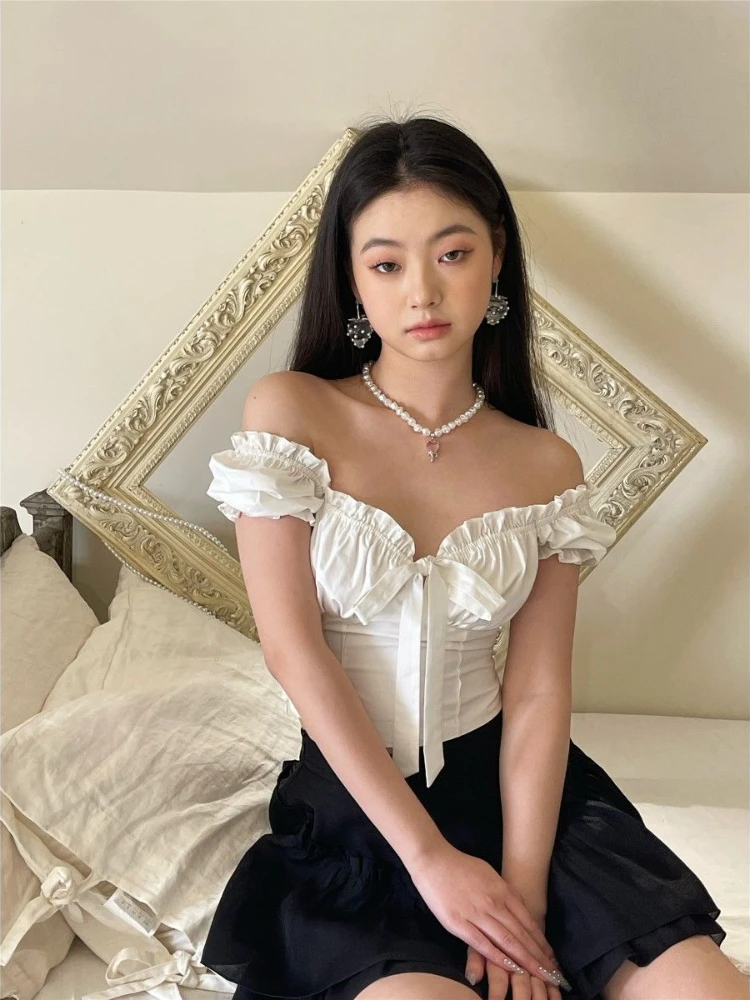 HOUZHOU Kawaii White Blouse Women Sweet Ruffles Puff Sleeve Crop Tops Summer Short Sleeve Casual High Street Korean Fashion