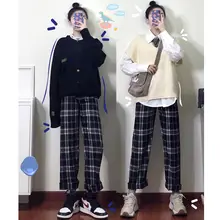 

Spring and Autumn Wide Leg Pants Female Students Large Size High Waist Straight Tube Casual Loose Thin Plaid Pants