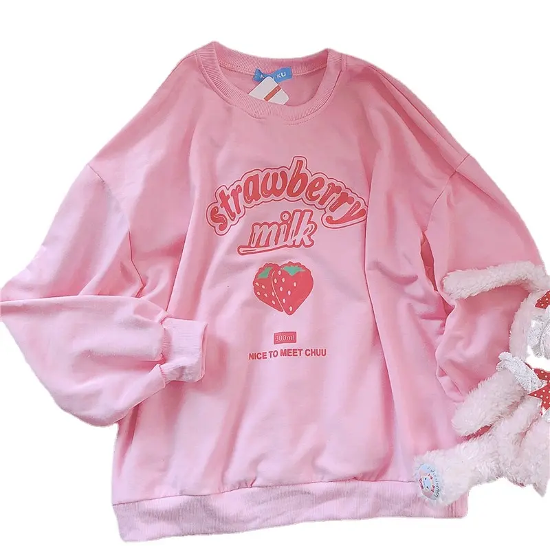 

Kawaii Sweatshirt Strawberry Pink Sweatshirts Korean Style Oversize Women Cute Top Outwear for Women