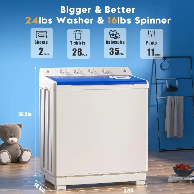 Auertech Portable Washing Machine, 40lbs Twin Tub Washer Mini Compact Laundry Machine with Drain Pump, Semi-automatic 2