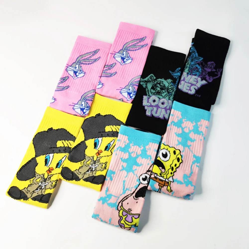 2Pair Anime Print Sock Crazy Fashion Funny Novelty Cartoon Cute Men Women Comfort Happy Colorful Stitching Cotton Cool Crew Sock