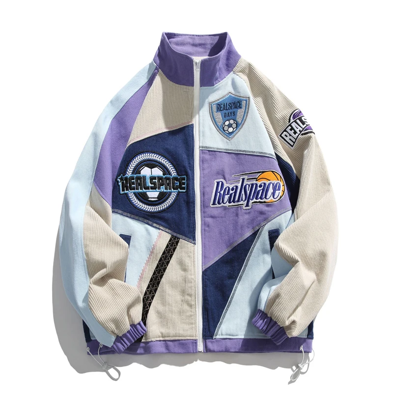 

Бейсбольная куртка в стиле Харадзюку для мужчин, модный свободный костюм на молнии с контрастными вставками, с отложным воротником, уличная одежда для пар