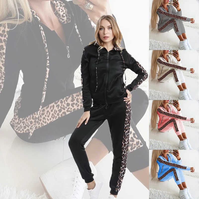 The latest women's fashion leopard print two-piece sports set hooded pants sports set two-piece hooded set jogging suit men s clothing fashion hooded sportswear jogging suit splashed ink hooded sportswear suit hooded sports pants sportswear