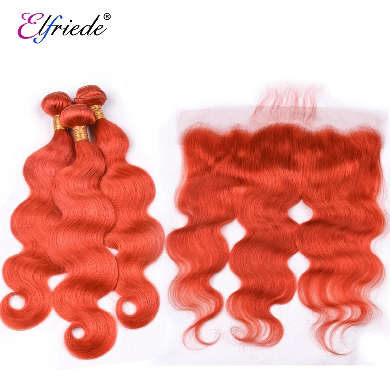 Elfriede # Red Body Wave, Precolored Hair пряди с фронтальной 100% Реми, человеческие волосы, Пришивные волнистые 3 пряди с кружевной фронтальной 13x4