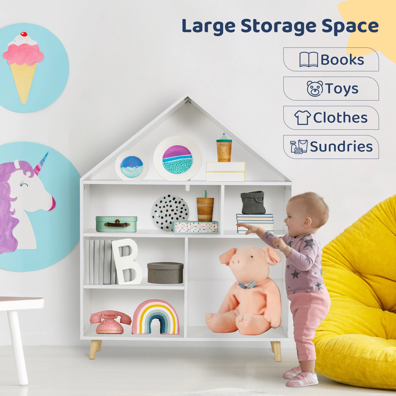 Toy and Book Organizer for Kids Wooden Storage Display Cabinet Bookshelf w/6 Open Shelves for Playroom, Classroom, Living Room 5