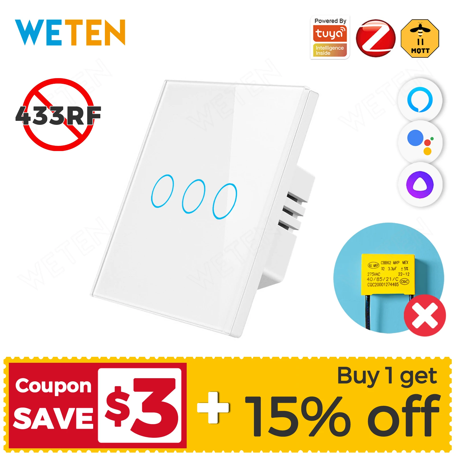 TuyaZigbeeSmartWallTouchLightSwitchNoNeutralNoCapacitor