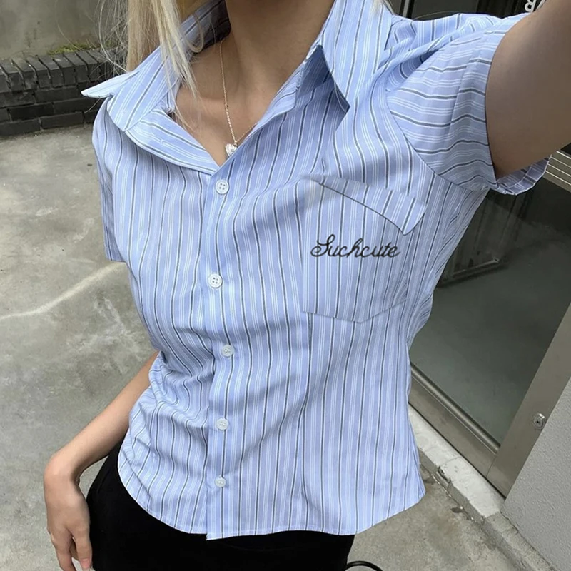 IAMHOTTY College Style Striped Blouse Womens Summer Chic England Button-up Turn-down Collar Embroidery Short Sleeve T-shirt Y2K