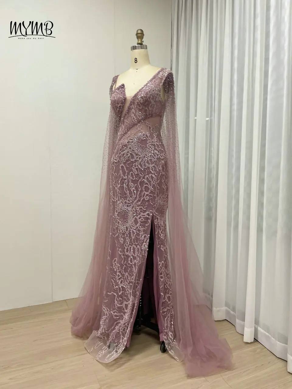 Mymb Luxus arabische Meerjungfrau Seite Schlitz rosa Abend party Kleid für besondere Ereignisse schöne Umhang Ärmel Perlen Hochzeit Gast kleid – Detail 8