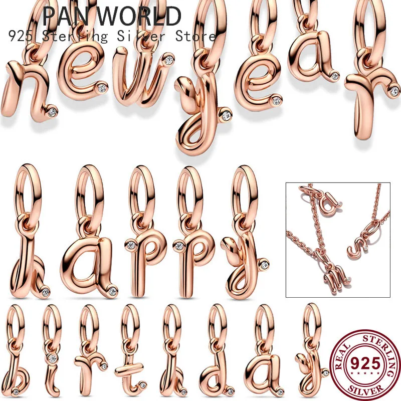 2023 New 925 Sterling Silver 26 Handwritten Rose Gold Letter Pendant for Original Women's Bracelet DIY Fashion Charm Jewelry