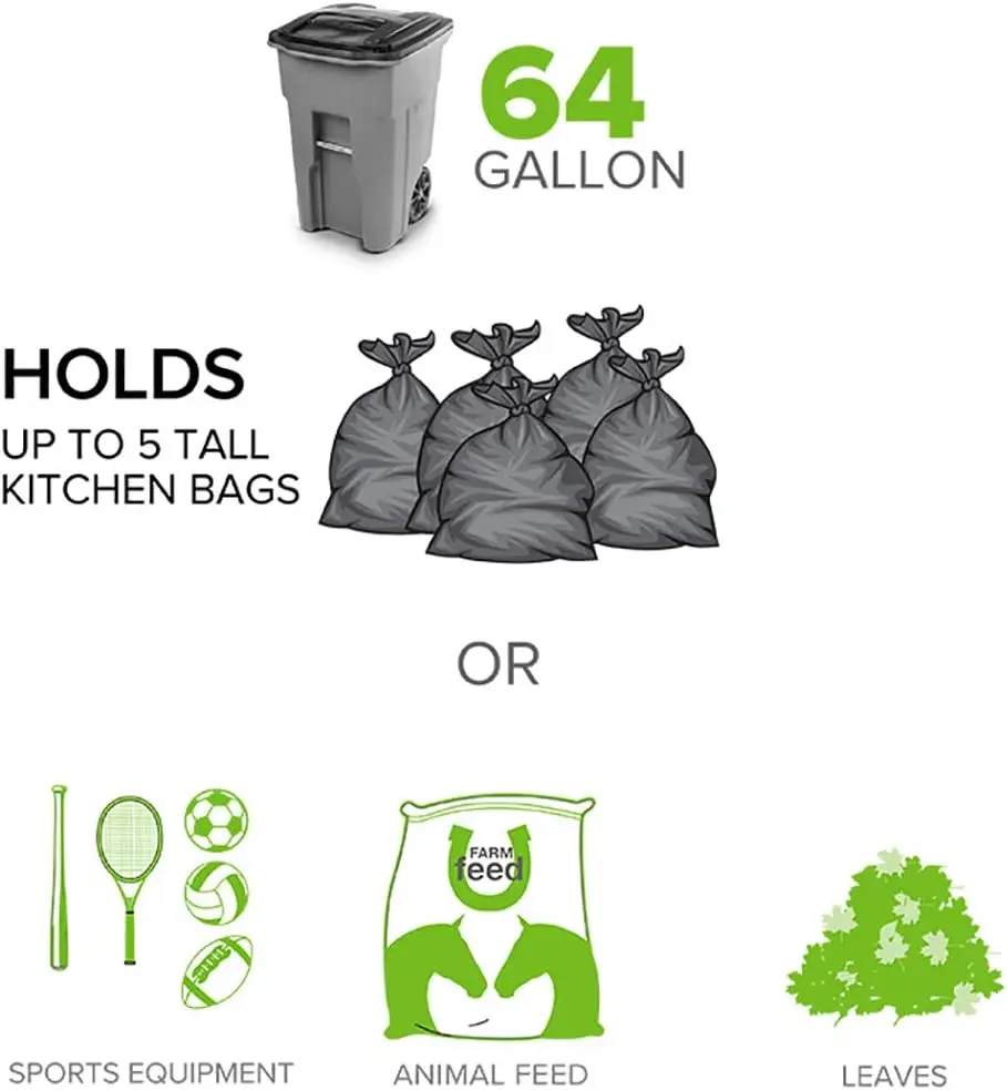 25564-R1209 Residential Heavy Duty Two Wheeled Trash Can, Blackstone, 64 Gallon