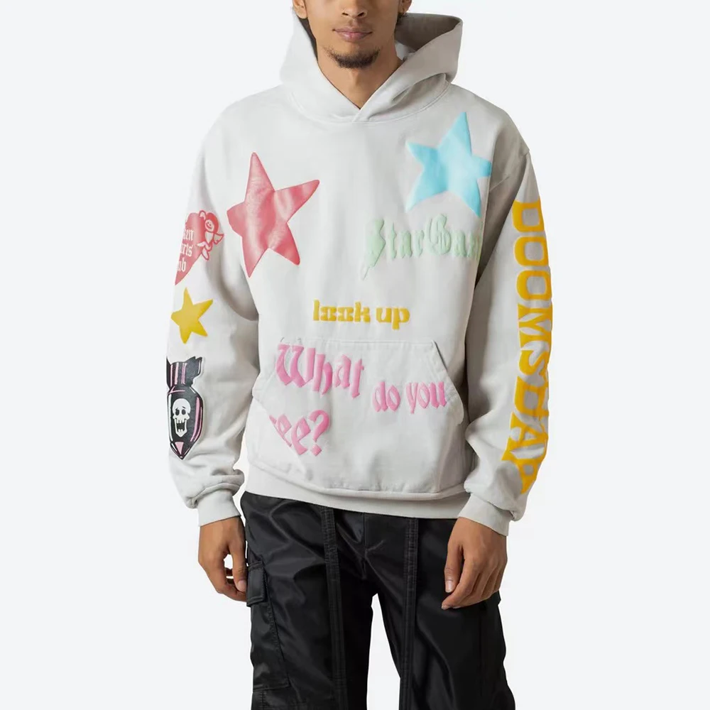 

Vintage Clothes Graffiti Star Foaming Print Loose Casual Mens Hooded Pullovers Sweatshirts Kanye West Hip Hop Streetwear Hoodies