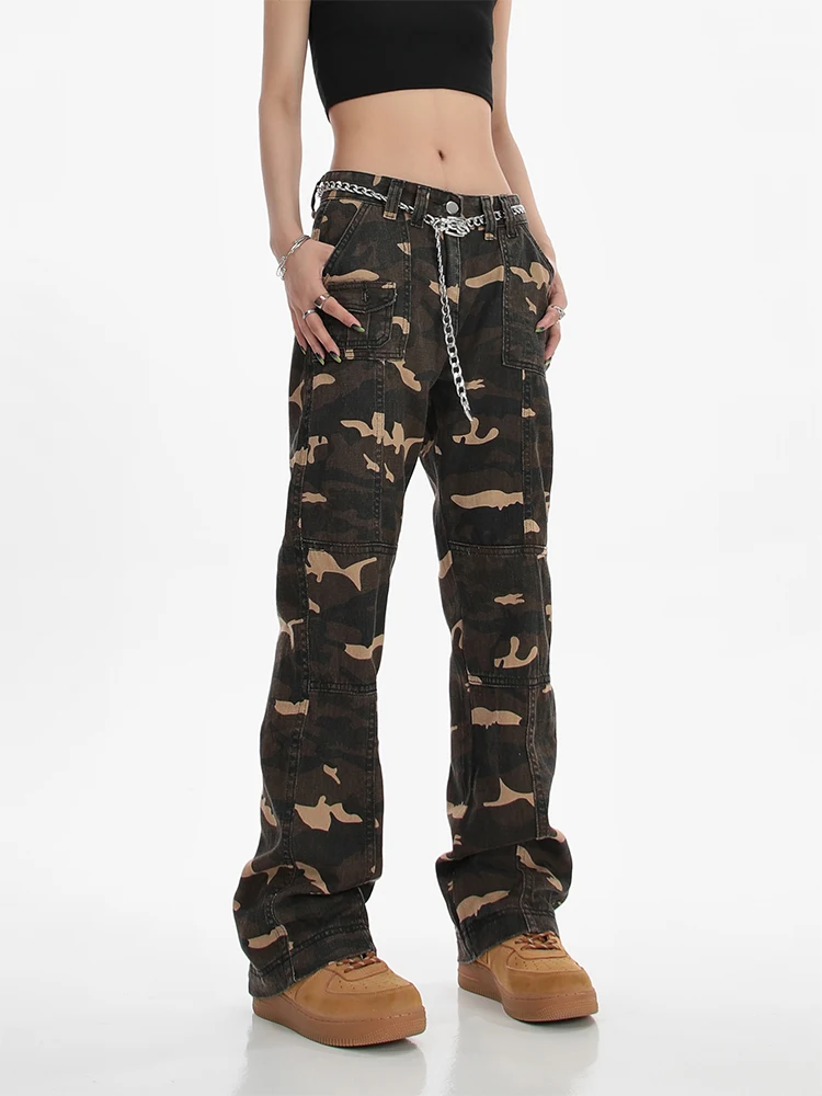 

Camouflage Green Cargo Pants Women Y2K Hippie Low Rise Jeans Retro Streetwear Harajuku Army Wide Leg Denim Trousers