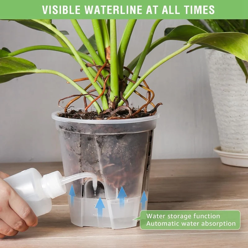 6 Inch Transparent Plastic Garden Pots Self Watering Planters, 5 Pack Plastic Nursery Plant Pots with Deep Reservior