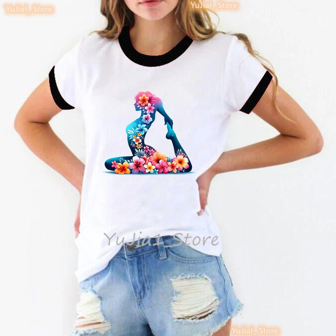 2024 heißer Verkauf lustige T-Shirt Mädchen Blumen Yoga Druck rosa T-Shirt Frauen Meditation T-Shirt Femme ästhetische Kleidung Sommer Shirt – Detail 3