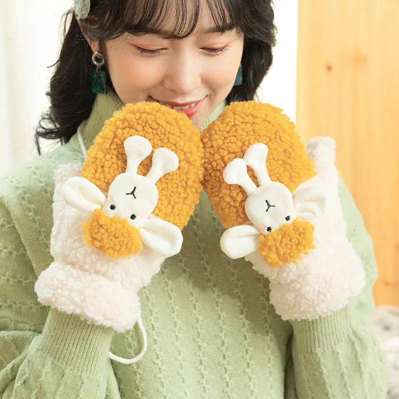

Women Autumn Winter Warm Plush Gloves Cute 3D Lamb Full Fingers Mittens Thicken Fur Full Fingers Gloves Outdoor Skiing Gloves