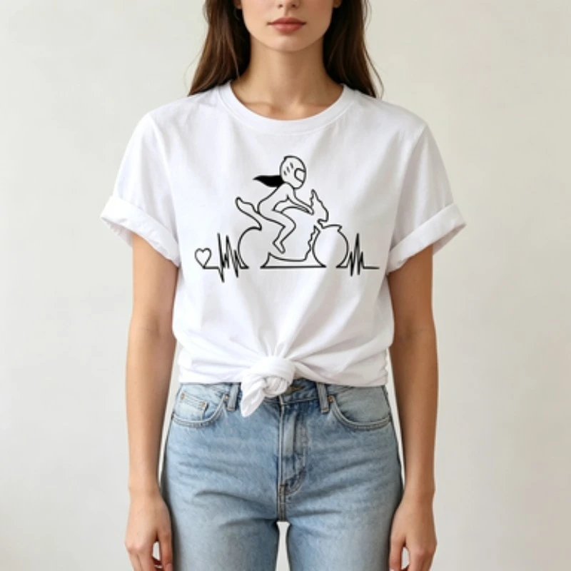 Neues Damen-Kurzarm-T-Shirt mit Kreativem Motorrad-Mädchen-Linienmuster, Bedruckt, Rundhals, Sommer-T-Shirt, Lässige Kleidung