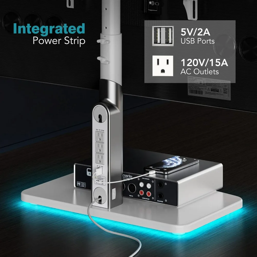 Adjustable Height Universal TV Stand for 50-90 Inch OLED and LED Monitors with Built-in Power Outlet and Ambient Lighting