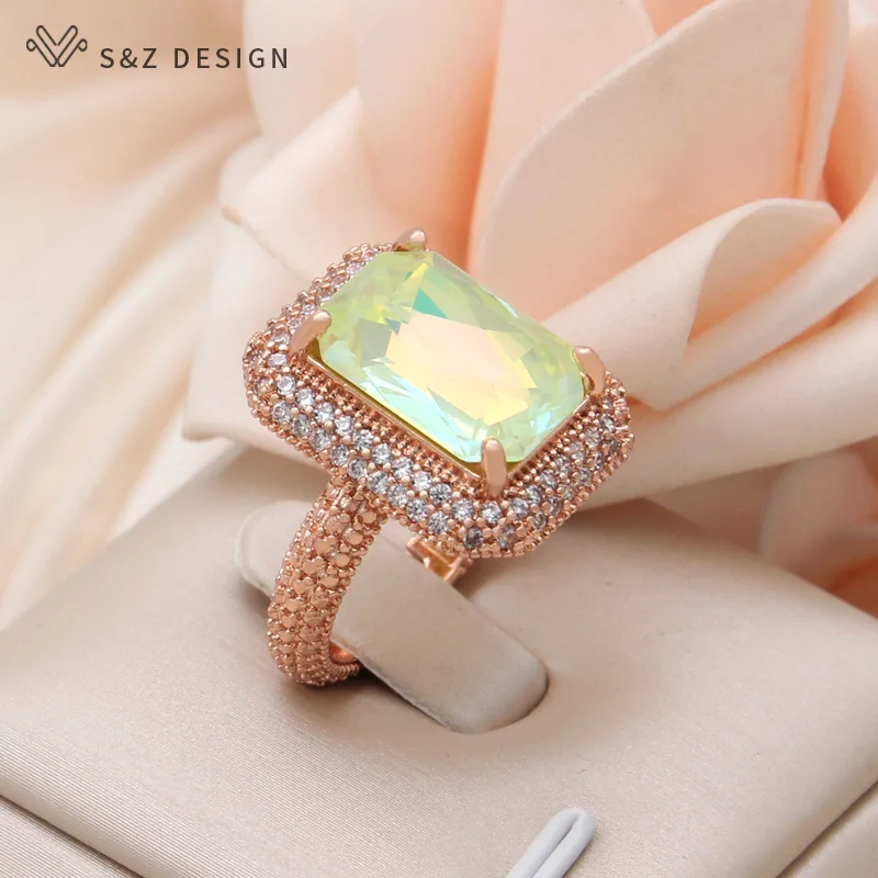S&Z DESIGN New Fashion Adjustable Rectangle Crystal Rings For Women Wedding Luxury Micro Cubic Zirconia Jewelry Fine Gift