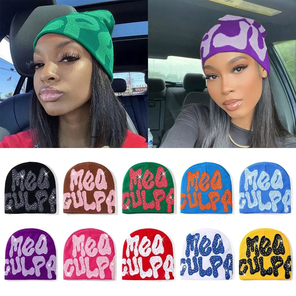

Knitted MEA Culpa Beanies Hat with Rhinestone Fashion Warm Soft y2k Beanies Hats Stretch Hip-hop Hat for Women Men
