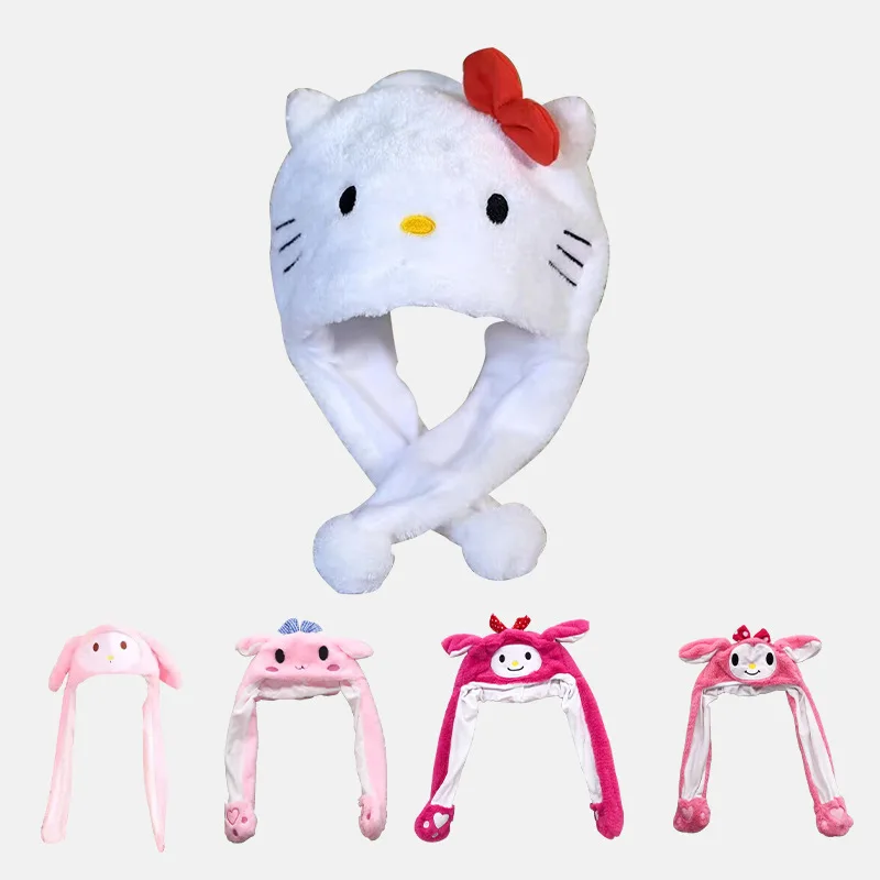 

Шапка Sanrio с движущимися ушами Hello Kitty Melody Kuromi Cinnamoroll kawaii плюшевая шапка Милая забавная игрушечная шапка с ушками кролика подарок для девушки