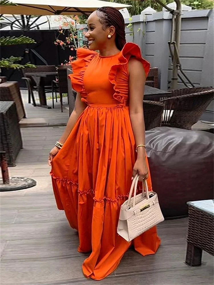 Wmstar Dresses for Women Elegant Leaf Sleeve Solid Casual Party Long Swing Dress New Summer Clothes Wholesale Dropshipping 2024