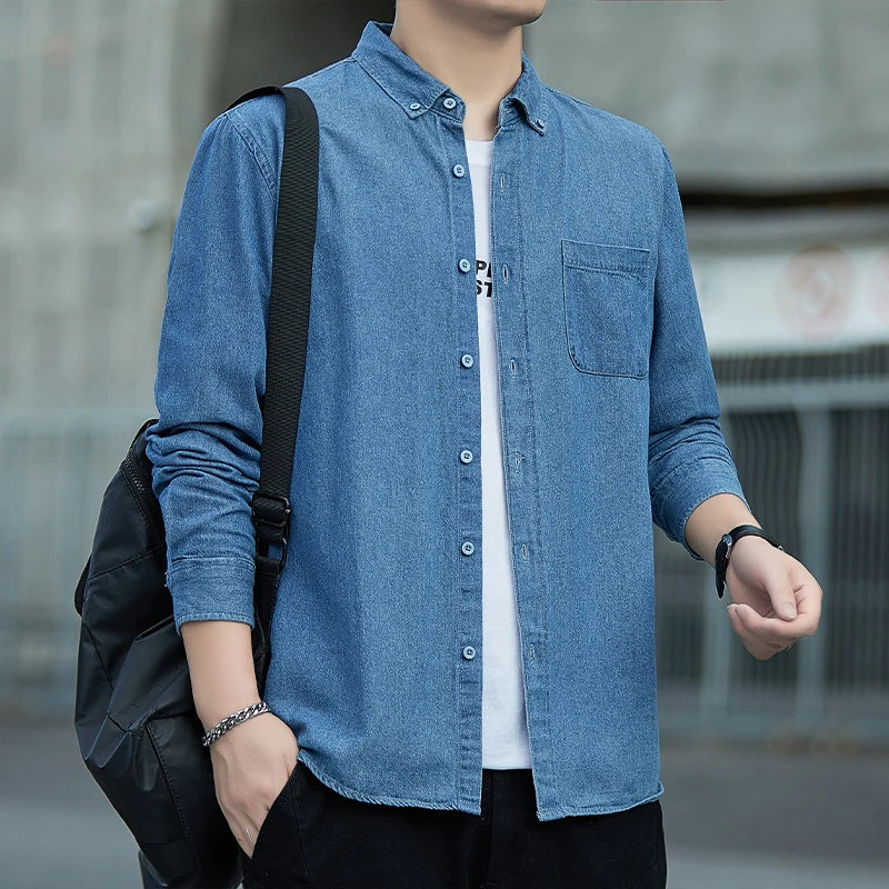 Spring Autumn Men's Denim Shirts Cotton Long Sleeve Solid Color Slim Casual Shirts Mens Blue Streetwear Daily Jean Blouse Tops