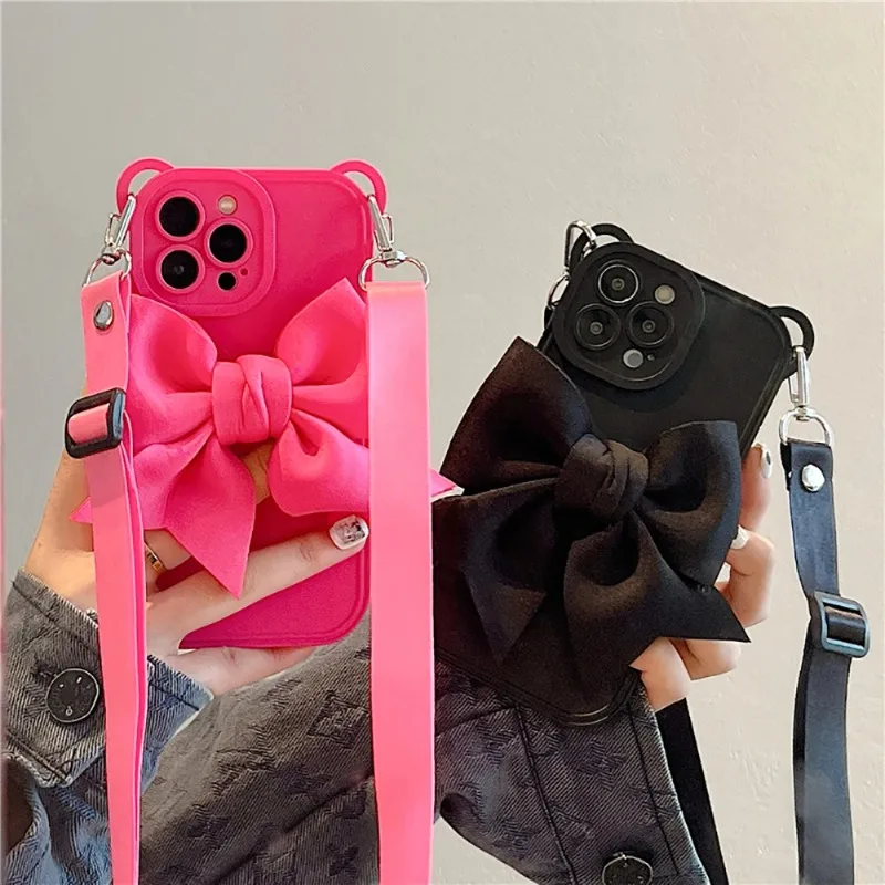 

3D Necklace Cord Lanyard Bow Soft Case Leather Rope Strap Chain For iphone 14 pro max cases iPhone 11 case 12 Shockproof Covers