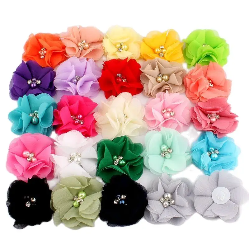 120PCS Chiffon Flower+Rhinestones And Pearls For Headbands Hair Accessories DIY 