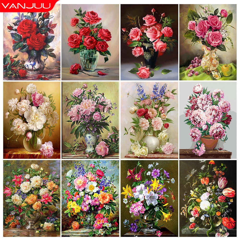 Diamond Painting 5D DIY Diamond Painting Kit Flower Vase Cross Stitch Diamond Art Mosaic Embroidery Rose